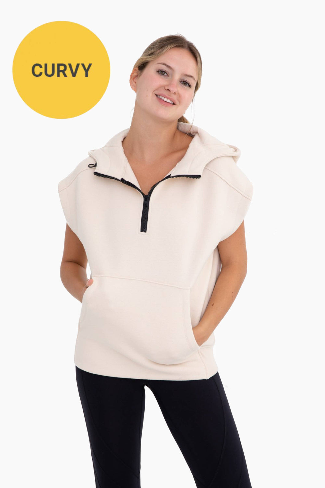 CURVY 3/4 Zip Cap Sleeve Hooded Top