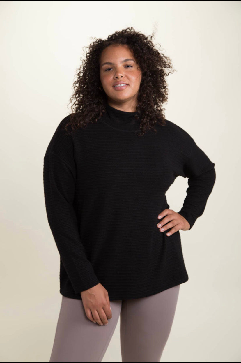 Curvy Mock Neck Striped Ribbed Top